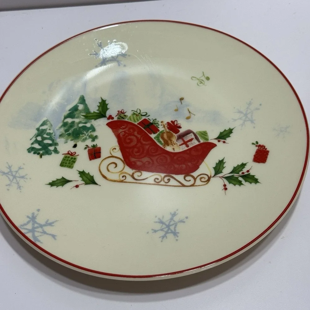 4 LENOX Christmas Dessert Plates Holiday Inspirations Illustrations Set Scenes